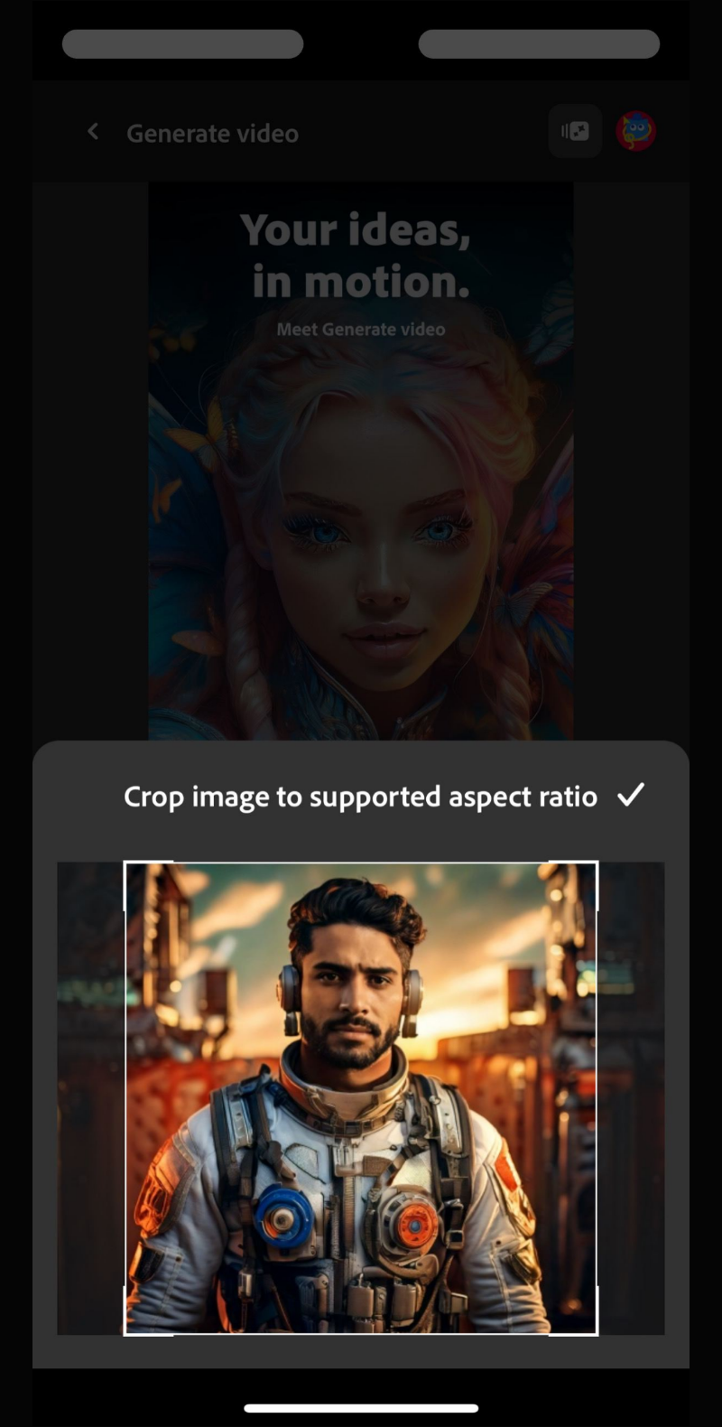 Adobe Firefly mobile video-generation interface showing a man in a futuristic suit positioned inside adjustable crop handles for a supported output aspect ratio.
